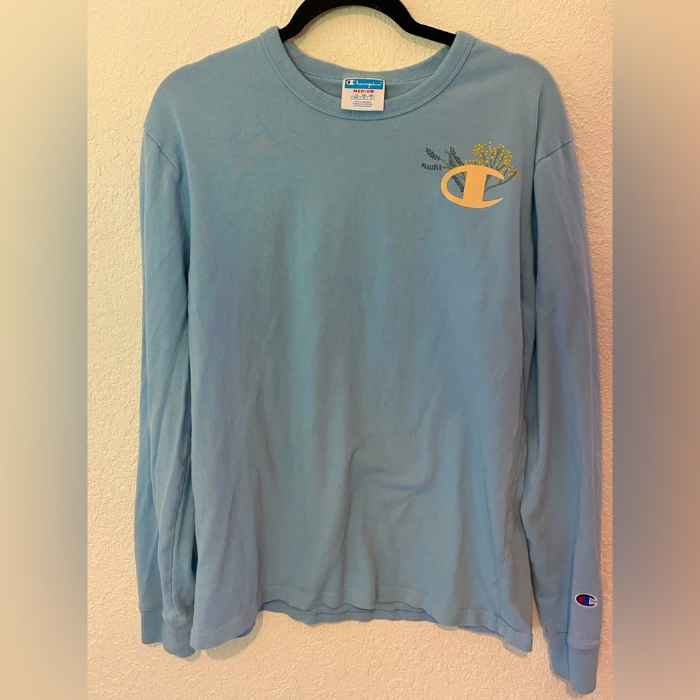 Light blue Champion Men's "C" logo floral long sleeve cotton knit T-shirt